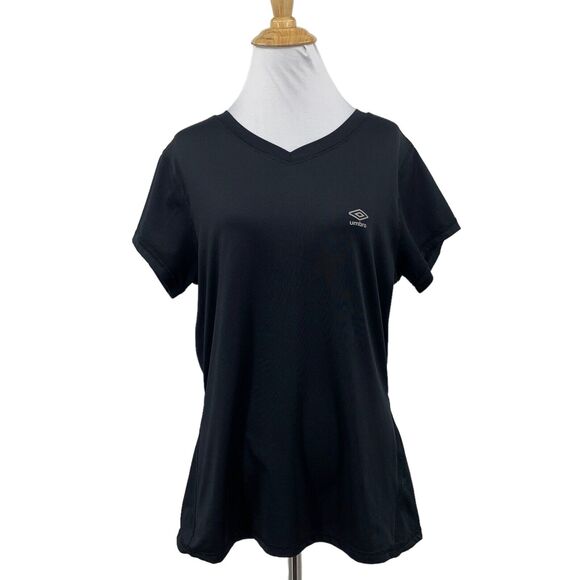 Umbro T Shirt Womens L Large Black V Neck Short Sleeve Stretch Athletic Soccer - Picture 1 of 10